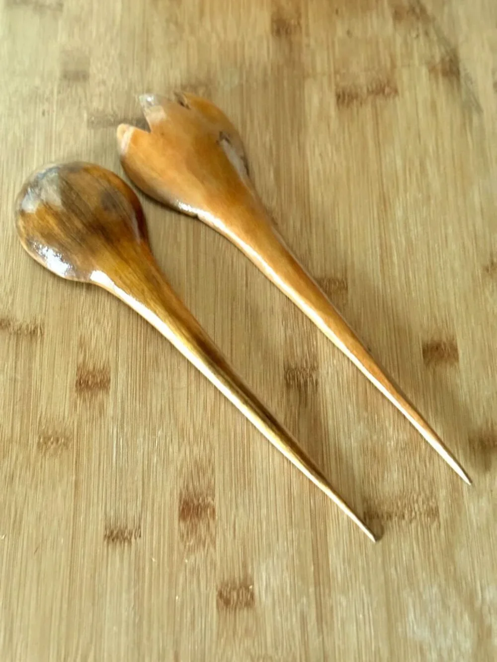 Vintage Mid Century Carved Wood Salad Bowl And Serving Fork And Spoon